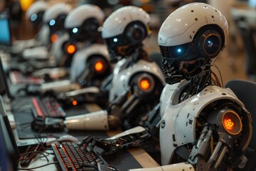 Fototapeta premium Futuristic robot working in a modern office setting.