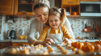 Mother and child baking autumn-themed treats in the kitchen, fall cooking, sweet moments