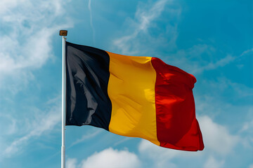 Belgian National Day. Background with A Belgian flag against blue sky. 