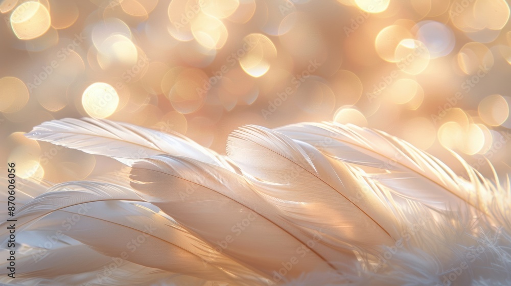 Poster delicate white feathers set against a blurred golden bokeh background, creating a dreamy and serene 