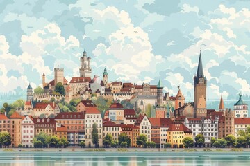 Fototapeta premium Scenic European medieval town featuring historic buildings and towers by the river, under a cloudy blue sky, with lush greenery.