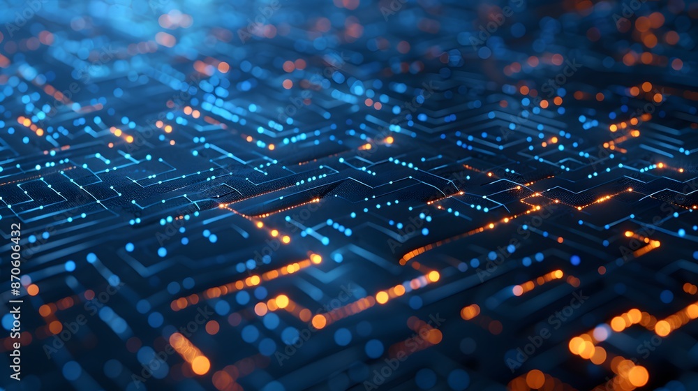 Poster critical path as a complex maze in a high-tech, neon-lit world. it has the critical path highlighted