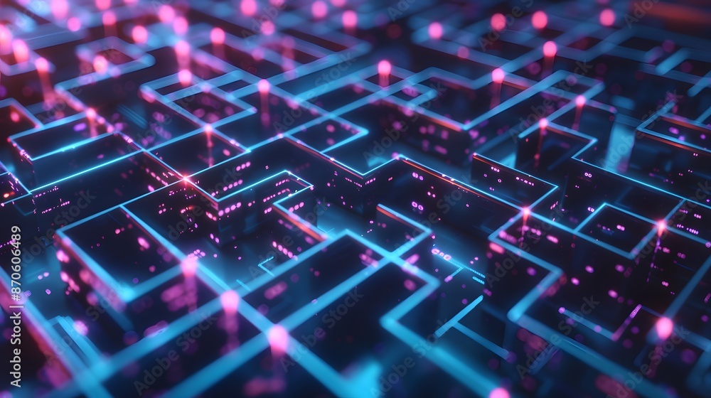 Poster critical path as a complex maze in a high-tech, neon-lit world. it has the critical path highlighted