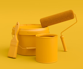 Set of metal and plastic buckets, paint roller and brush on monochrome