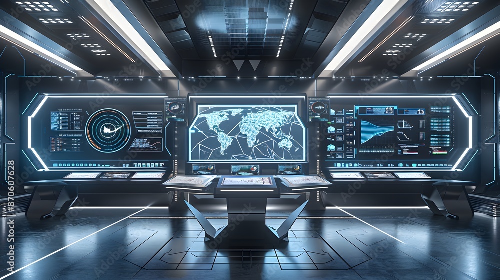 Poster a futuristic control room with a large, transparent screen showing real-time progress bars, graphs, 