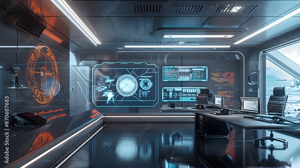 Poster a futuristic control room with a large, transparent screen showing real-time progress bars, graphs, 