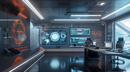 A futuristic control room with a large, transparent screen showing real-time progress bars, graphs, and completion percentages, with people actively engaged in monitoring