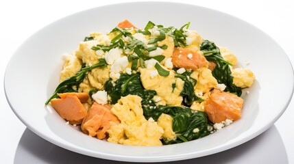 A photo of a salmon breakfast scramble, featuring scrambled eggs