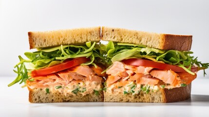 A photo of a salmon salad sandwich, layered with flaky salmon, crisp lettuce, tomato, and a dollop of mayonnaise.