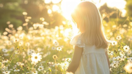 A girl in a white dress walks through a sunlit field of daisies, embracing the warmth and beauty of nature.