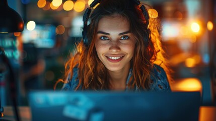 A smiling woman wearing headphones enjoys her time in a cozy, warmly lit environment, creating a cheerful and inviting atmosphere.