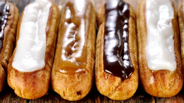 Vanilla, chocolate and coffee eclair cake- French food dessert