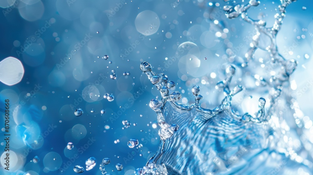 Poster close-up of water droplets splashing and forming intricate shapes with a bokeh effect in the backgro