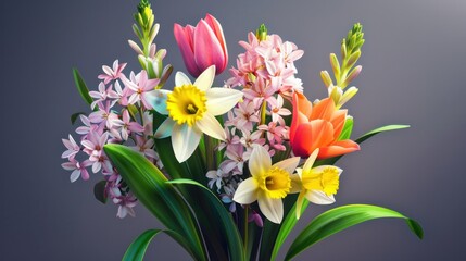Obraz premium A photorealistic image of a bouquet of spring flowers, including tulips, daffodils, and hyacinths.