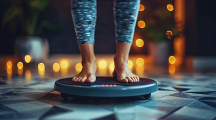 Close-up of a person's feet balancing on a vibration plate with a cozy, illuminated home setting in the background.