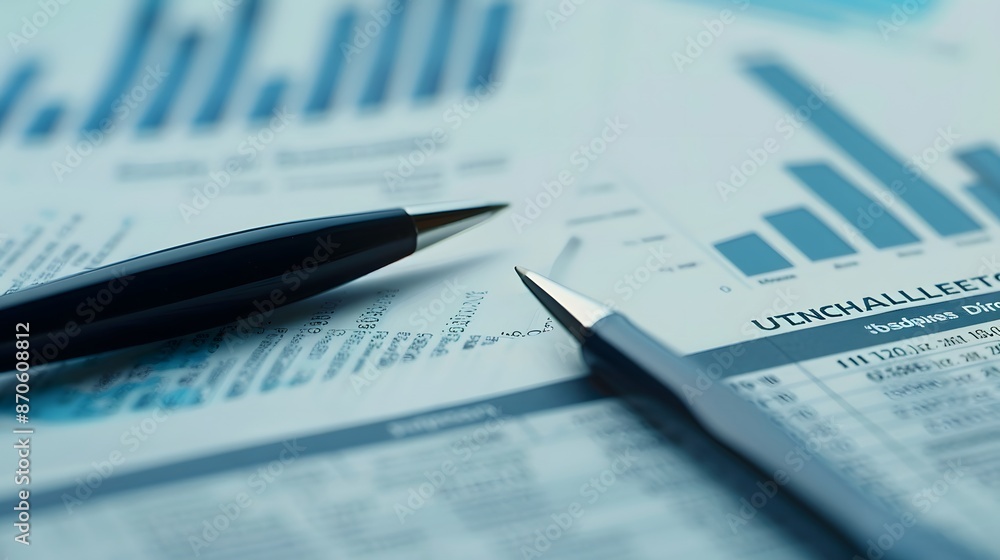 Poster stack of financial documents with figures and graphs, annual financial report and there is a pen on 