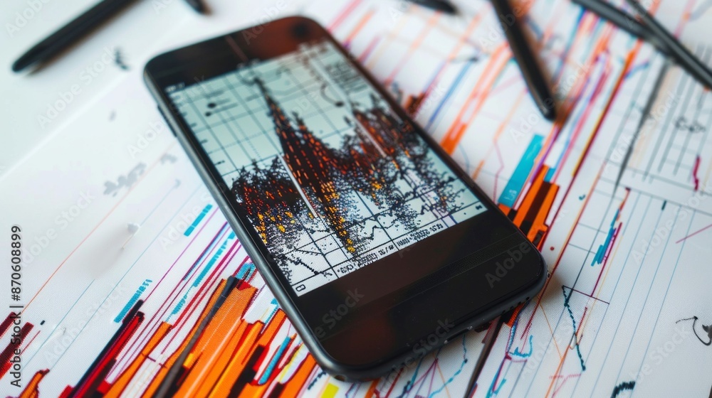 Poster A smartphone rests on a sheet of paper covered with a colorful graph, highlighting the intersection of technology and data analysis
