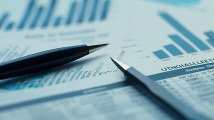 Stack of financial documents with figures and graphs, annual financial report And there is a pen on top.
