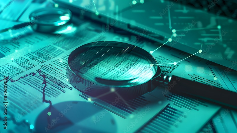 Aufkleber layers that represent financial disclosures it includes a document with highlighted sections, a magn