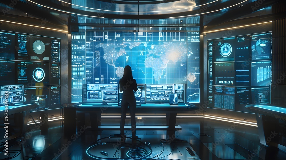 Poster a futuristic control room with a large, transparent screen showing real-time progress bars, graphs, 
