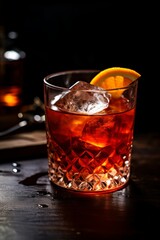 A sophisticated boulevardier cocktail stirred with bourbon, sweet vermouth, and Campari over ice