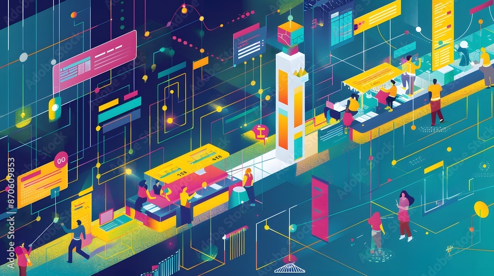 Poster vibrant and abstract gantt in the form of a bustling digital market. the stalls of each shop represe