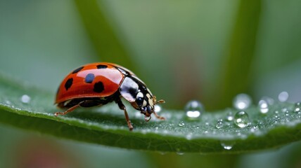 Fototapeta premium Beautiful ladybug on a green leaf of a plant with dew drops.