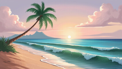 Fototapeta premium illustration of a serene beach at sunset, featuring gentle waves lapping against the shore, soft pastel colors filling the sky