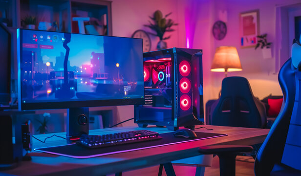 A gamers setup with a computer, keyboard, mouse, and gaming chairs. Generative AI