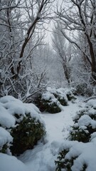 Obraz premium Forest with bushes covered in snow.