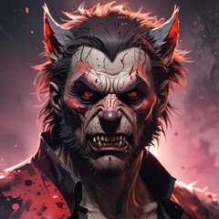 This image presents a detailed portrayal of a malevolent werewolf in the Vampire: The Masquerade universe. The werewolf exudes a sinister aura with mystical crimson shades and ominous sorcery.