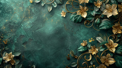 A sophisticated floral baroque template in rich emerald green and gold, featuring delicate flowers and scrolls in a luxurious design, captured in stunning clarity.