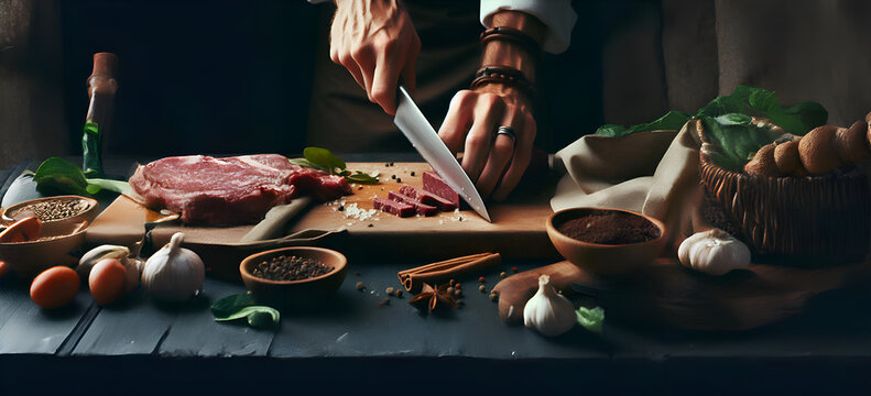 Primer plano de un filete de carne roja y condimentos. Chef preparando un sabroso tataki de buey. 