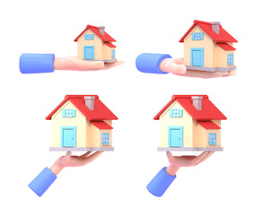 3d render of hand holding small house, real estate agency, sell or buy house, apartment