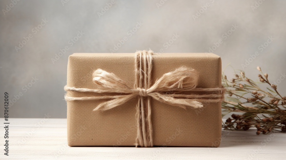 Wall mural A rustic wooden gift box with a simple twine bow, conveying a sense of warmth and natural charm.