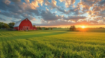Obraz premium Stunning sunset over a red barn in a lush green field, with a dramatic sky filled with clouds.