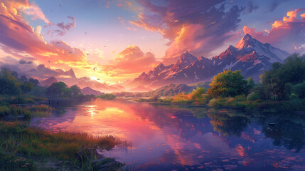 Obraz premium A peaceful riverside scene with towering mountains in the distance and a colorful sky during the golden hour.