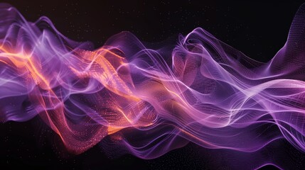 Fototapeta premium Abstract flowing purple and blue waves and lines with orange highlights in a black background. A digital art piece of abstract waves and lines forming complex patterns in a black background.