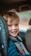 A young boy smiles happily while buckled into his car seat