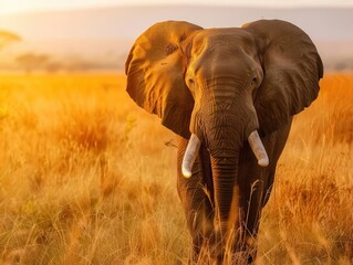 Obraz premium majestic african elephant in natural savanna habitat golden afternoon light illuminates its textured skin and powerful form capturing the essence of wildlife conservation and natural beauty