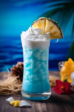 A tropical blue Hawaiian cocktail blended with rum, blue curasao, pineapple juice, and coconut cream,
