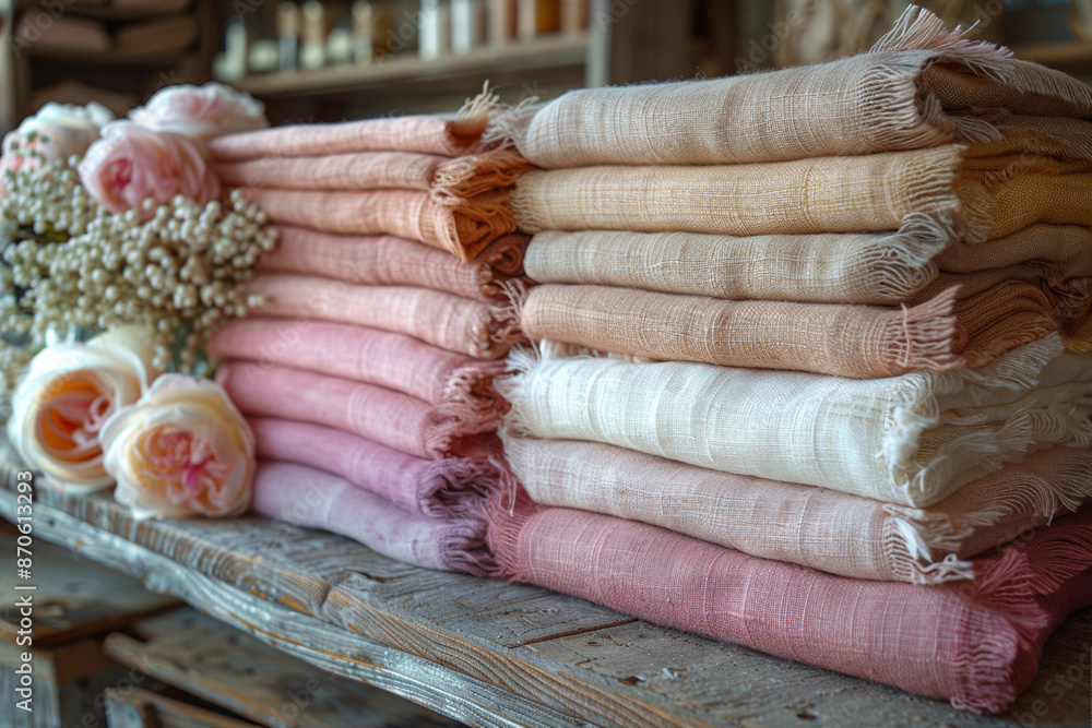 Poster a neatly folded stack of colorful fabrics, offering softness and comfort for design projects