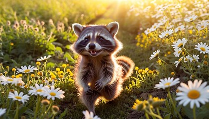 cute raccoon walks through a chamomile field