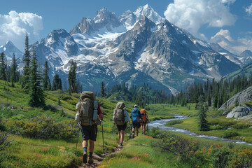 In the midst of nature's grandeur, hikers embark on an adventurous journey through mountainous landscapes