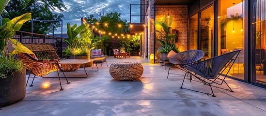 Contemporary urban patio with concrete surfaces and vibrant greenery..