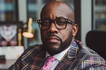 Obraz premium Confident Bald Man in Plaid Suit and Glasses Sitting in a Modern Office Setting 