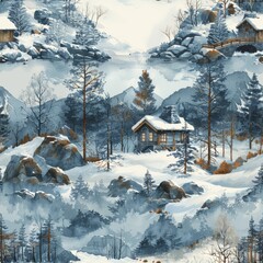 watercolor Cabin in the Snowy Mountains, vintage background, seamless repeating pattern, minimal