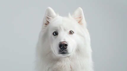 A Samoyed's head tilted curiously, its ears perked up and its eyes filled with curiosity.