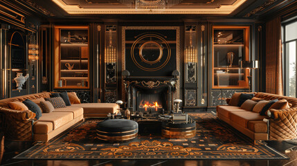 An elegant Art Deco living room with a sophisticated color scheme of black and gold, featuring sleek, lacquered furniture, mirrored surfaces, and bold, geometric patterns.