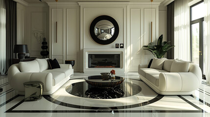 An elegant Art Deco living room with a classic black and white color scheme, featuring sleek, lacquered furniture, mirrored surfaces, and bold, geometric patterns.